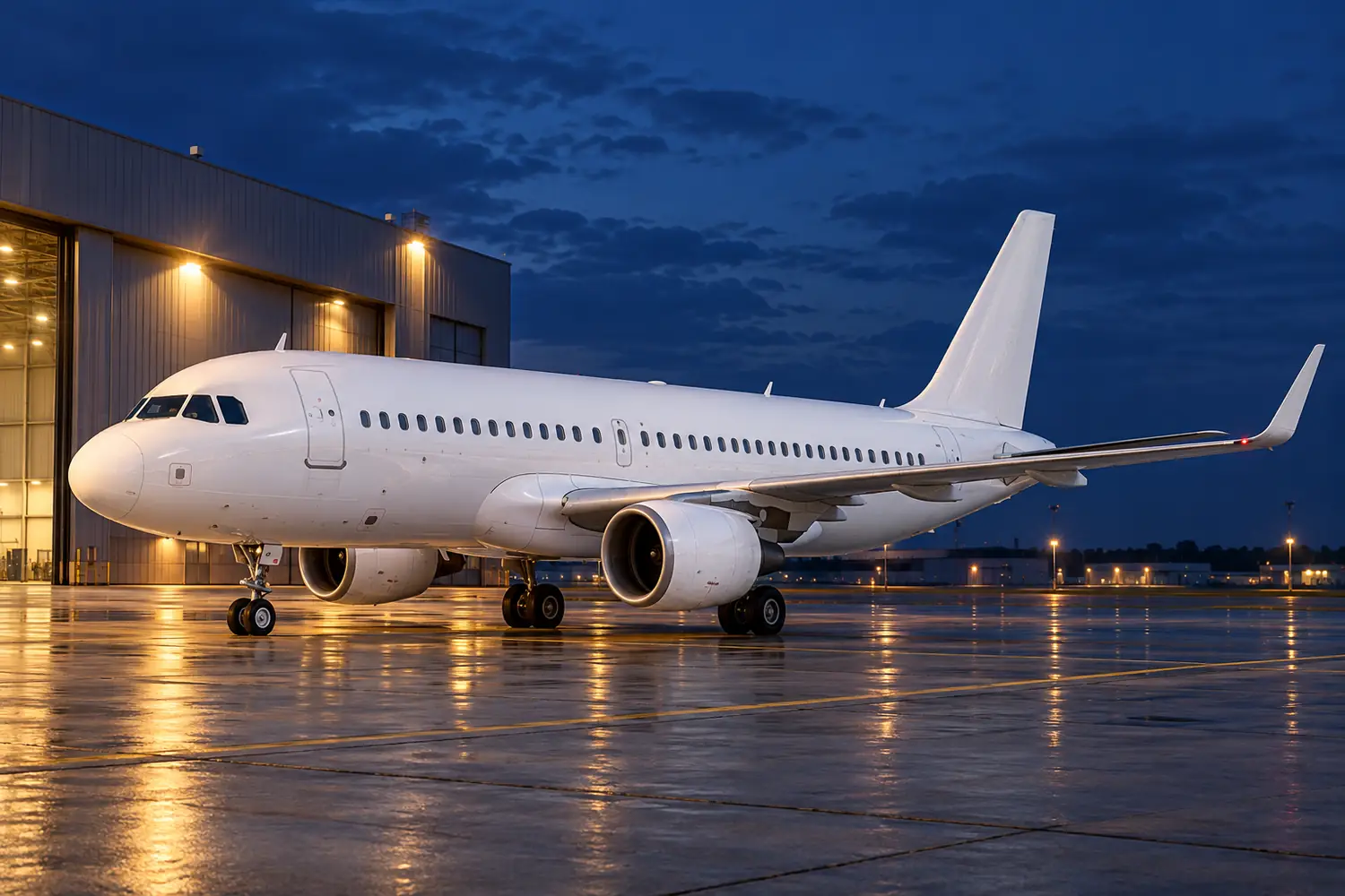 Narrow-body commercial jet at an airport hangar