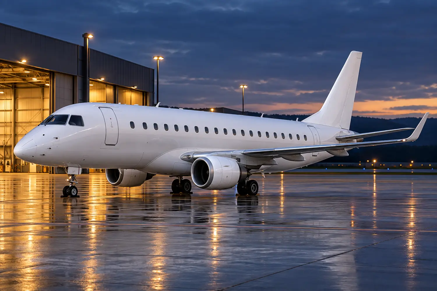 Regional passenger jet parked beside a hangar