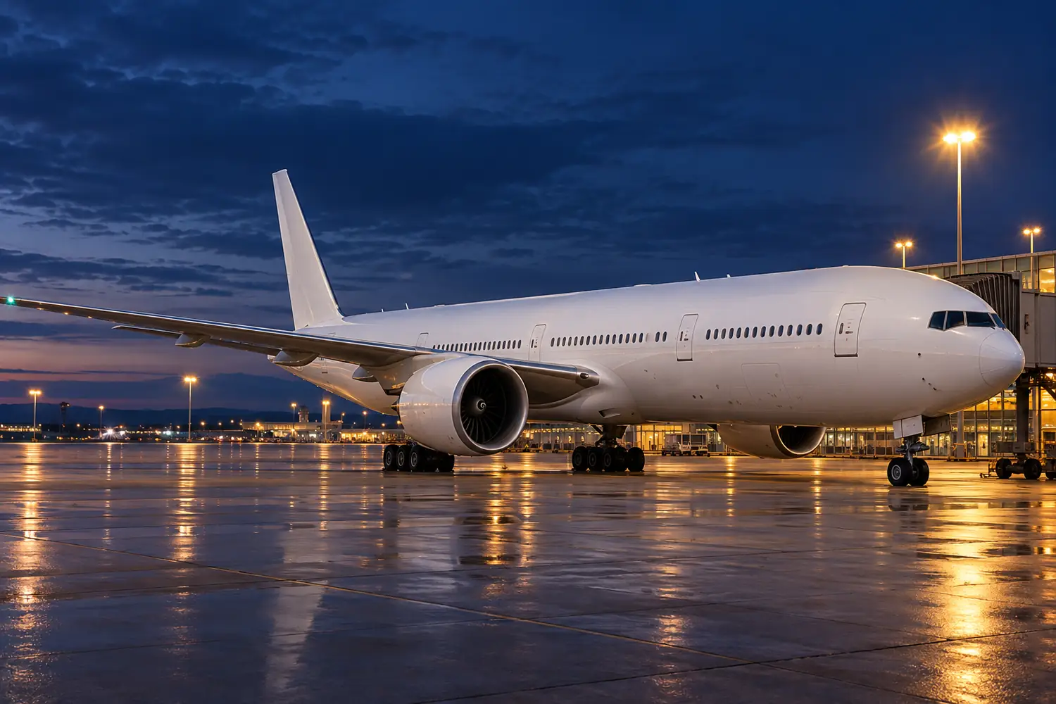 Wide-body airliner with large turbofan engines on the apron