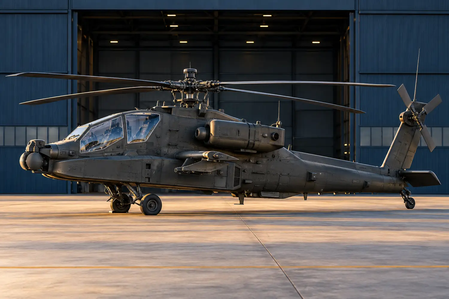 AH-64 Apache helicopter parked outside military maintenance hangar, recognizable tandem cockpit four blade main rotor and tall wheeled landing gear, external weapons removed, no people, crisp side view, navy steel background and subtle warm light