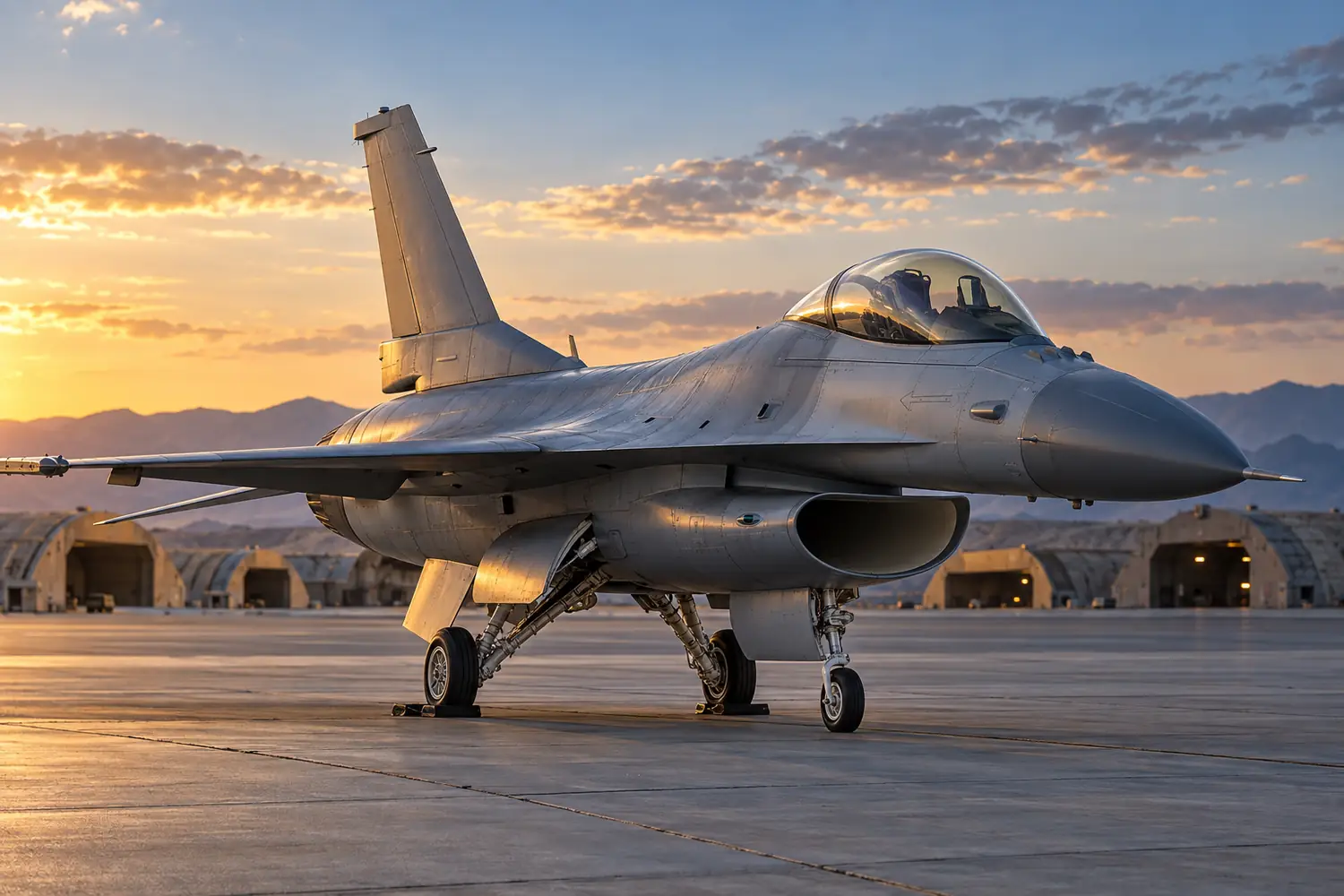 A parked unarmed F-16 fighter on a military airbase apron, recognizable single vertical tail and chin intake, clear three-quarter view and full aircraft, distant hardened hangars, no people