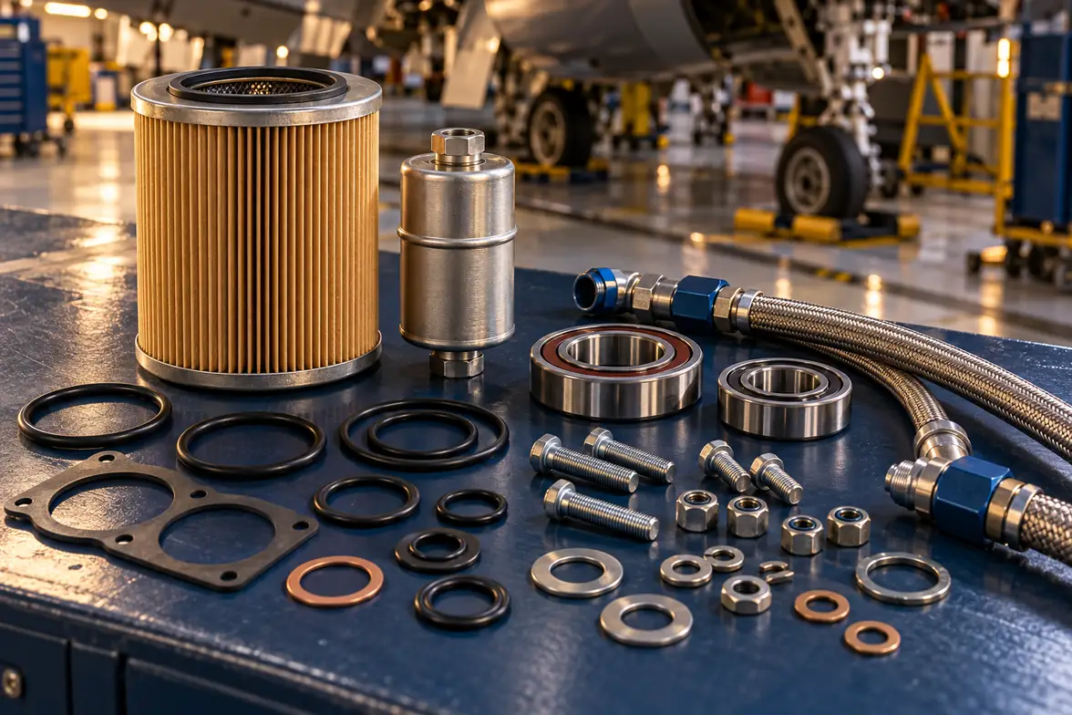 Neat military aviation maintenance consumables on dark navy bench: aircraft pleated oil filter element, small fuel filter, black O rings, gaskets, sealed aerospace bearings, bolts nuts washers and braided hose with fittings