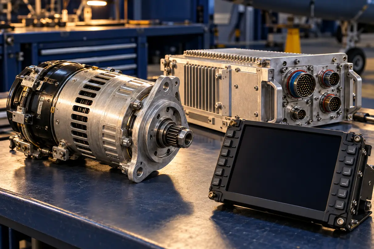 Aerospace starter generator with cylindrical metal housing cooling vents and mounting flange beside avionics line replaceable unit aluminium chassis with multipin connectors and cooling fins, unpowered cockpit display module blank