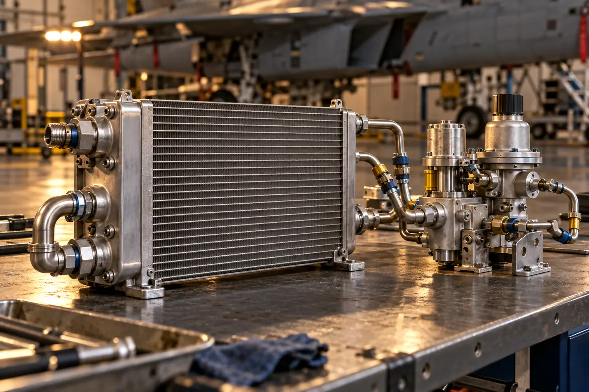 Aircraft compact plate-fin heat exchanger, pneumatic bleed air valve and oxygen regulator assembly on a military aviation maintenance bench