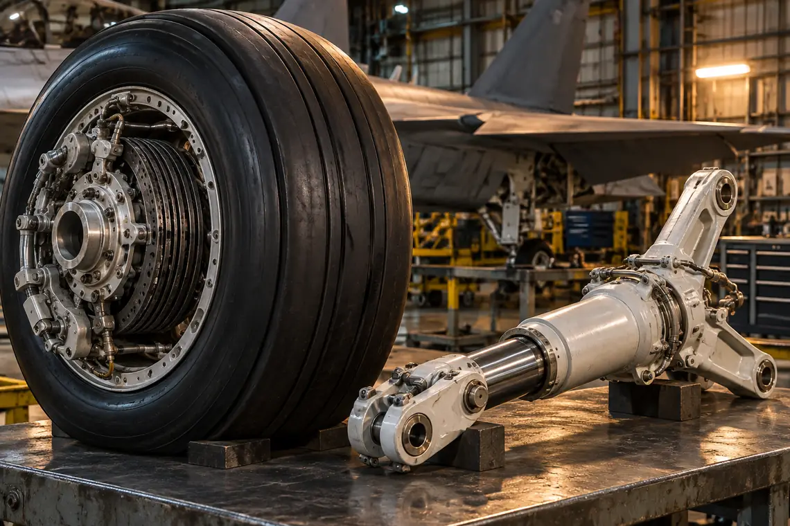Military fighter maintenance workbench showing one authentic aircraft wheel with deep black tyre and exposed multi-disc brake stack alongside compact oleo landing gear shock strut with torque links