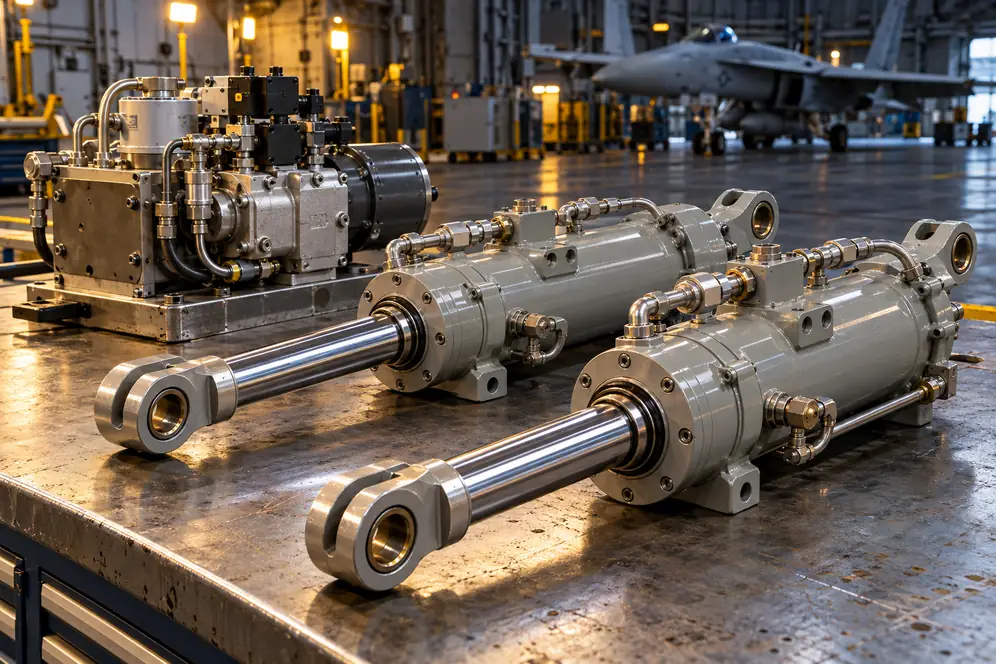 Two real-looking aerospace hydraulic servo actuators with polished piston rods, mounting clevises and pressure fittings beside a compact hydraulic pump and valve block, on a military maintenance bench