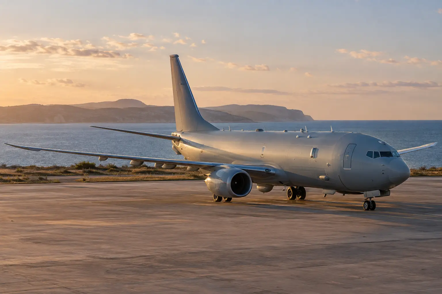 Representative P-8 maritime patrol aircraft on a coastal military apron