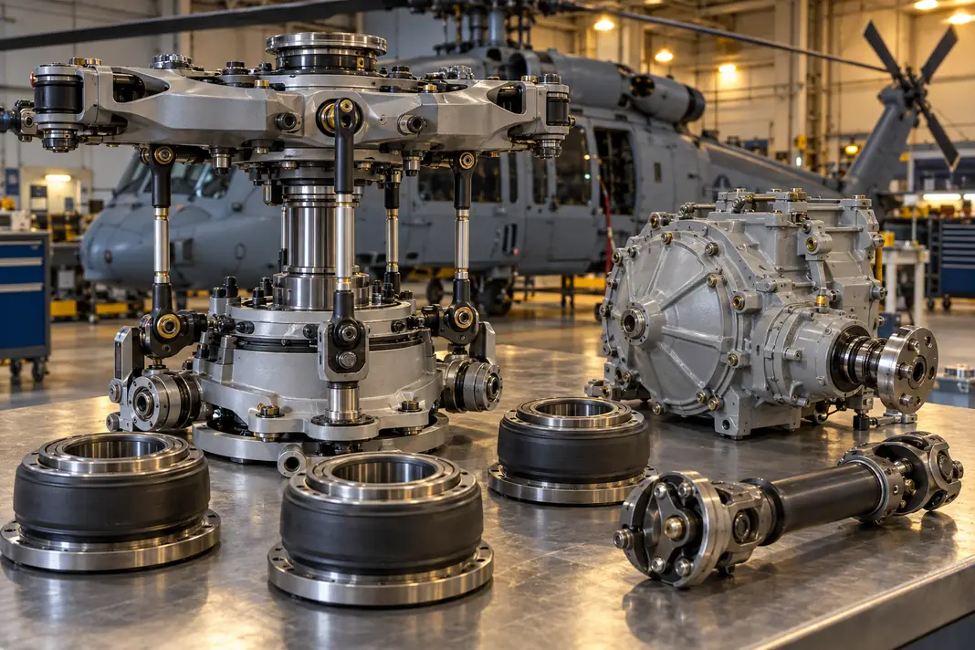 Military helicopter main rotor swashplate assembly and elastomeric rotor head bearings on a clean maintenance bench beside a realistic compact tail rotor gearbox and driveshaft coupling