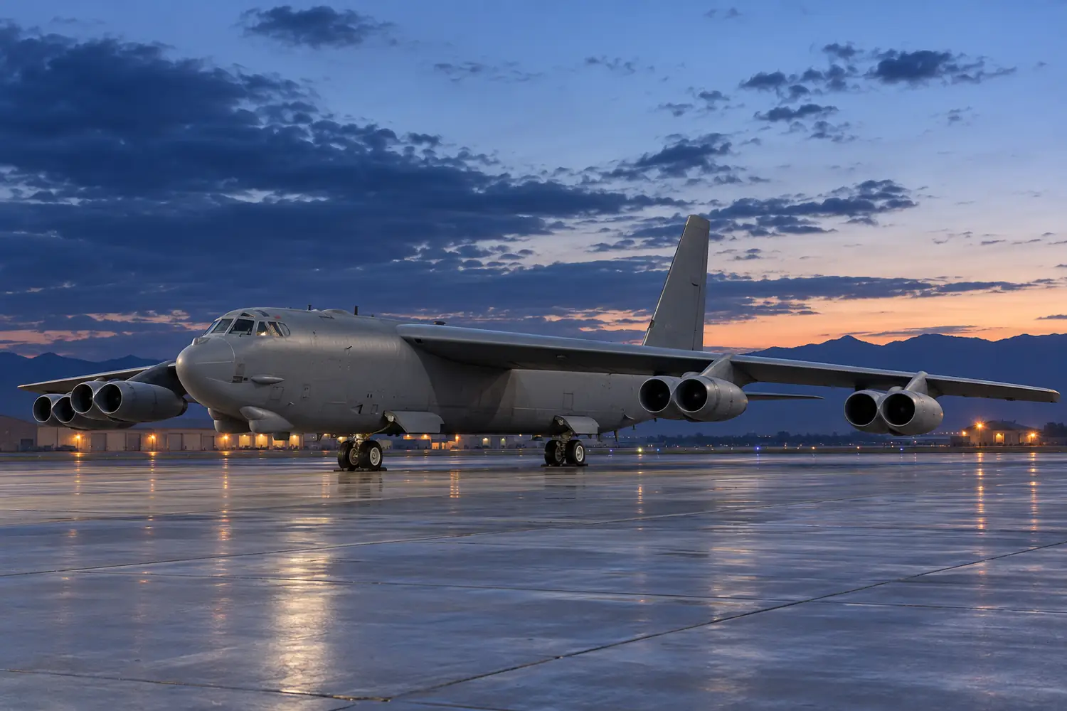 A B-52 strategic aircraft parked at a military maintenance apron, recognizable eight engines in four twin pods and long swept wings, no weapons or people, full aircraft oblique side view, cool blue dusk light