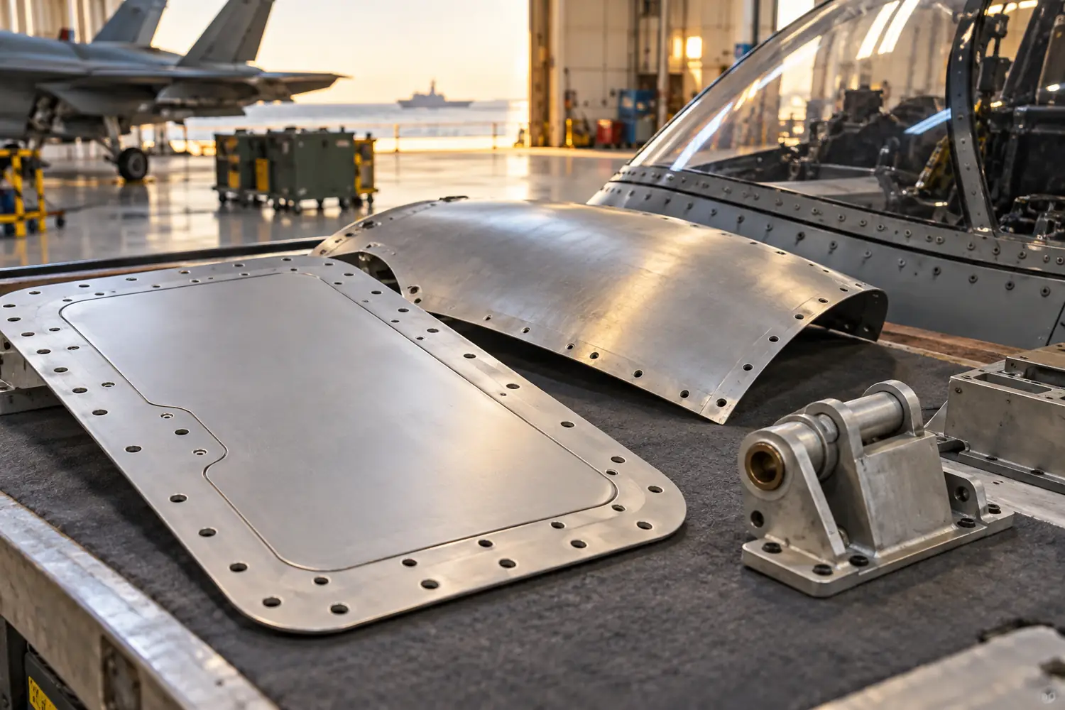 Military aircraft structural maintenance parts on bench: formed aluminium access panel with fastener holes, curved metal skin repair panel, hinge fitting, sealed cockpit transparency edge in background