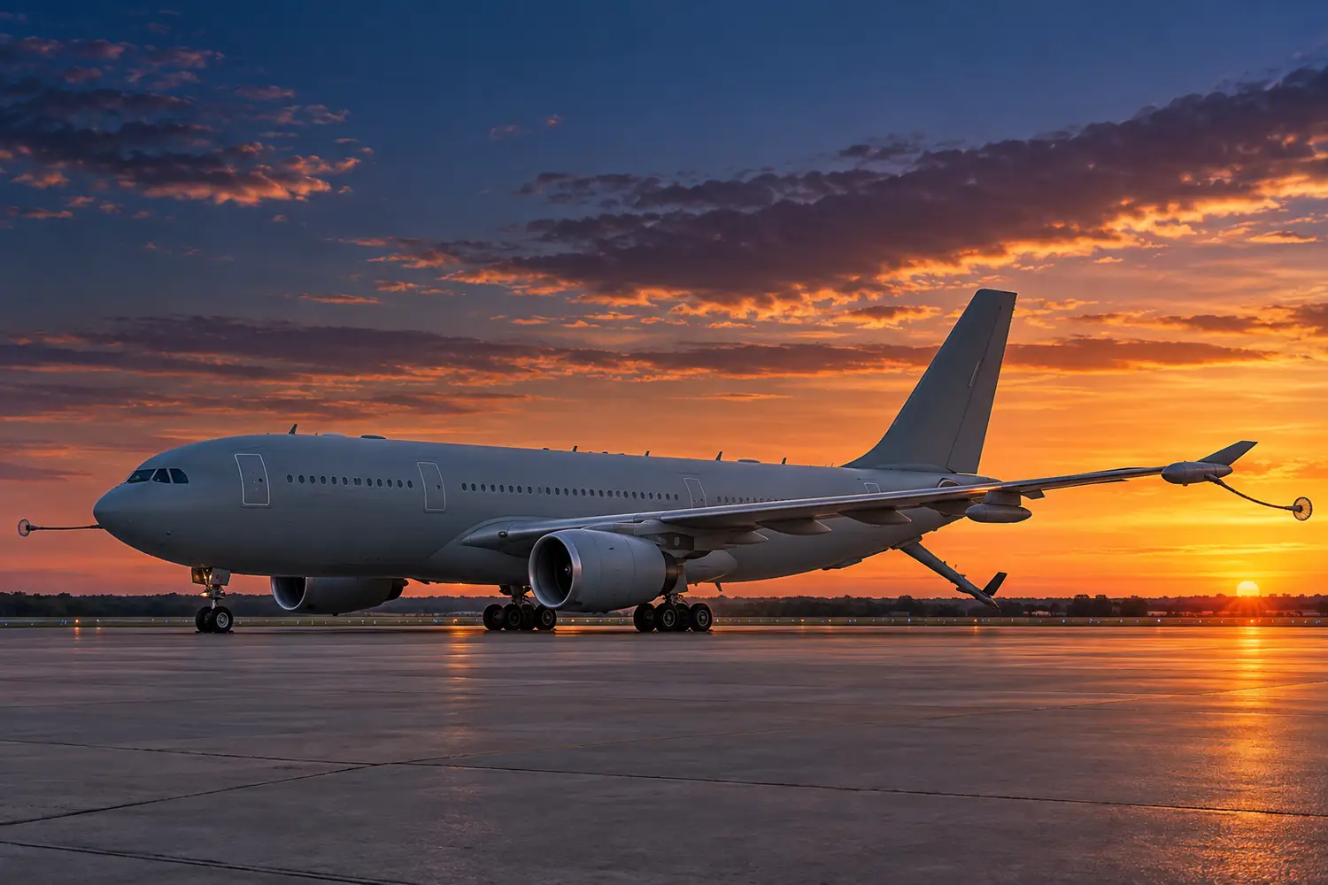 Airbus A330 MRTT military aerial refuelling tanker parked on airbase apron, widebody twin jet, wingtip hose-drogue pods and visible centerline refuelling boom, realistic ground stance, side view full aircraft, no people, twilight navy and warm sunset
