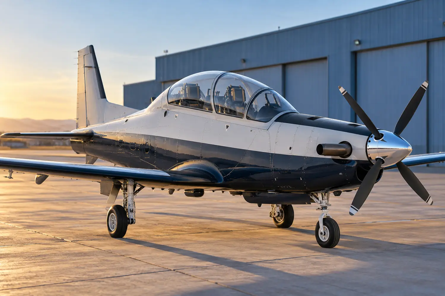 T-6 Texan II military turboprop trainer parked on training airbase, single engine, correct four blade propeller, tandem bubble canopy and low wings, no people, complete aircraft three quarter view, subtle warm sunlight cool blue hangar backdrop
