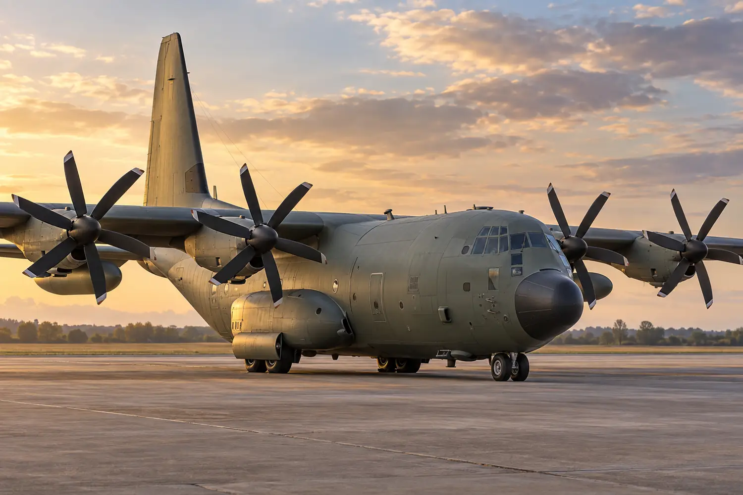 C-130J military transport parked at an airbase, high wing, four engines each with correct six blade propeller, complete aircraft in three-quarter frontal view, warm side light, military olive grey paint, no people