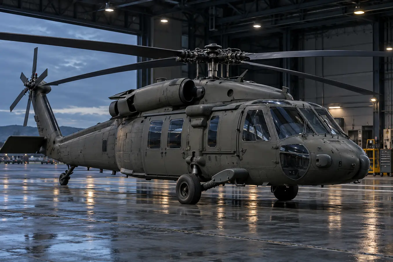 UH-60 Black Hawk utility helicopter in a maintenance hangar apron, conventional four blade main rotor and tail rotor, wheeled landing gear, realistic military grey olive paint, side three-quarter view, no people or weapons, moody navy steel colours